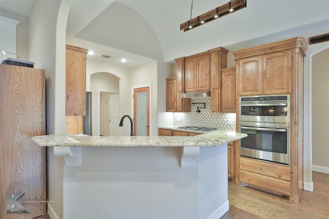 kitchen featuring tasteful backsplash, light stone counters, stainless steel appliances, light wood-type flooring, and under cabinet range hood