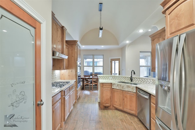 kitchen featuring stainless steel appliances, light wood-style floors, a sink, a peninsula, and under cabinet range hood