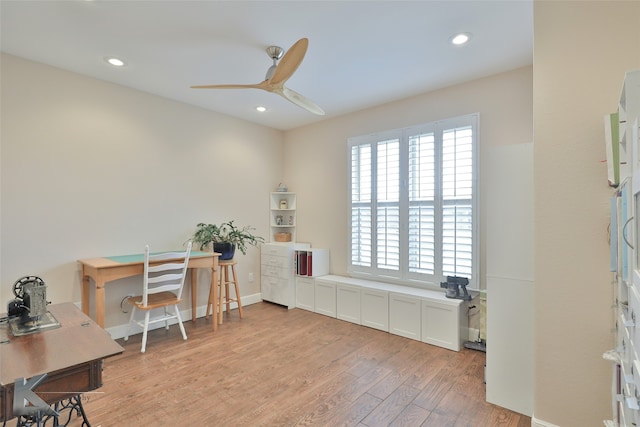 office with light wood-style floors, recessed lighting, ceiling fan, and baseboards