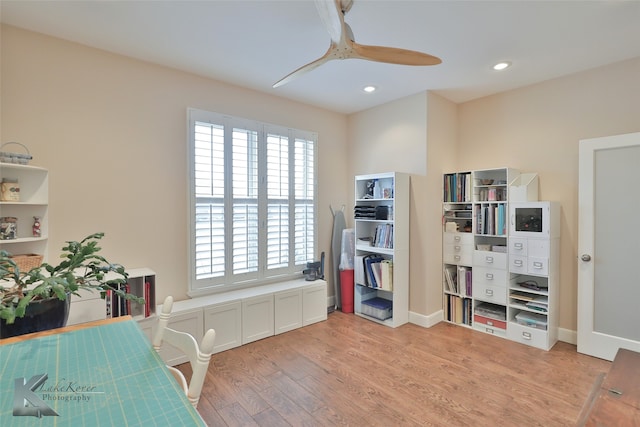 office with ceiling fan, light wood-type flooring, baseboards, and recessed lighting