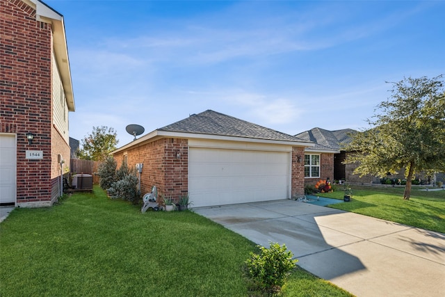 view of side of home featuring concrete driveway, brick siding, a yard, and an attached garage