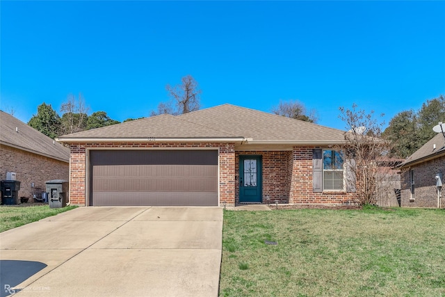 single story home with a garage, brick siding, concrete driveway, roof with shingles, and a front yard