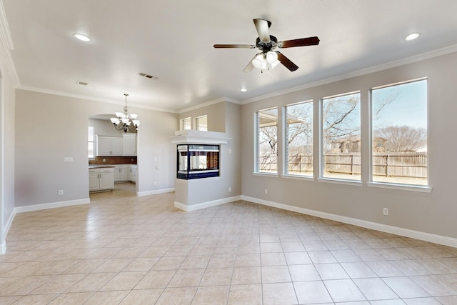 unfurnished living room with light tile patterned floors, ornamental molding, a multi sided fireplace, and visible vents