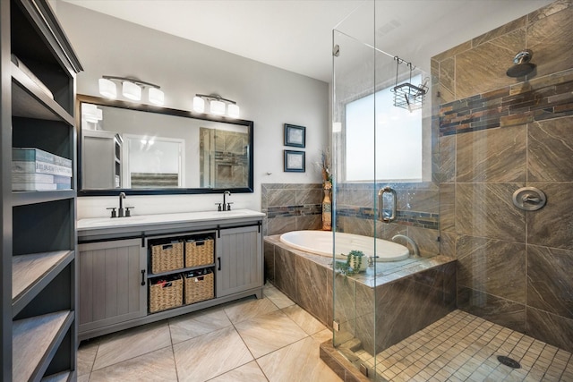 full bathroom with a stall shower, a garden tub, a sink, and double vanity