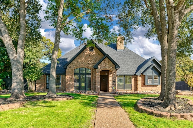 view of front of home with a shingled roof, brick siding, a chimney, and a front lawn