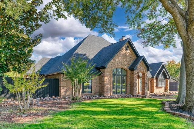 view of front of home featuring brick siding, a chimney, roof with shingles, fence, and a front yard