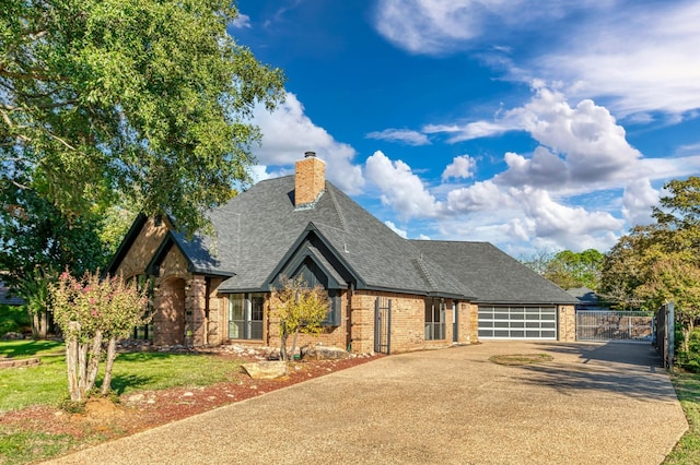 view of front of property with an attached garage, brick siding, a shingled roof, driveway, and a chimney