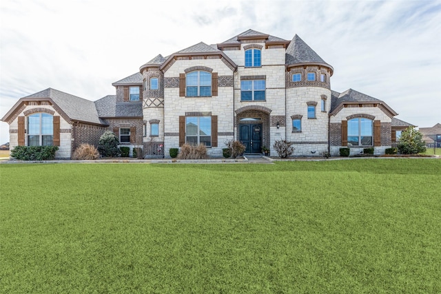 french provincial home with stone siding, brick siding, and a front yard