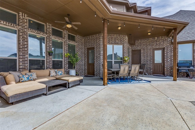 view of patio featuring an outdoor hangout area, outdoor dining area, and a ceiling fan