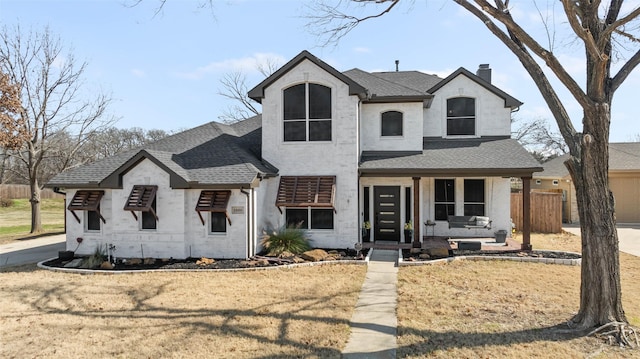 french country inspired facade with covered porch, roof with shingles, fence, and a chimney