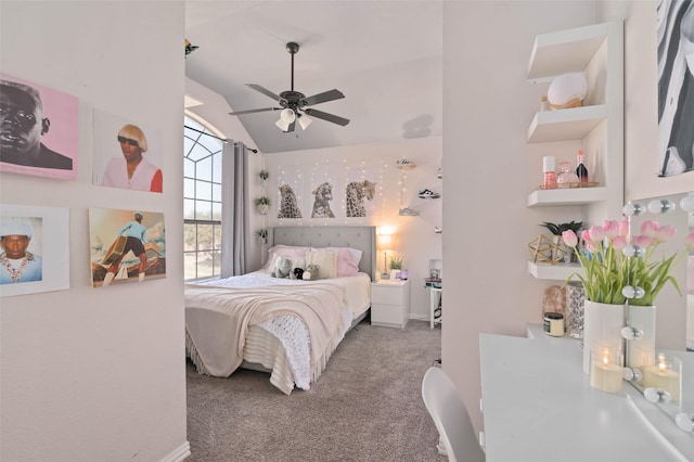 bedroom featuring carpet, ceiling fan, and lofted ceiling