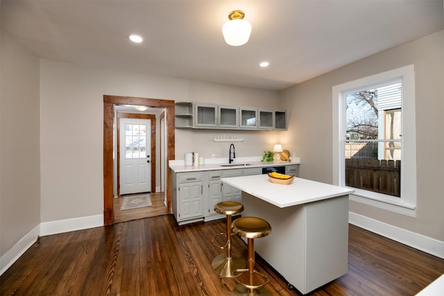 kitchen with dark wood-type flooring, plenty of natural light, light countertops, and a sink