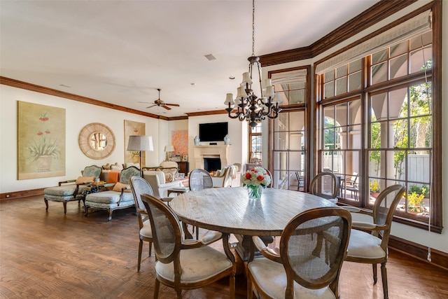 dining room featuring ornamental molding, a wealth of natural light, dark wood-style flooring, and a lit fireplace