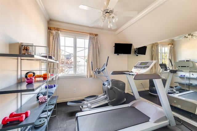 workout area with ceiling fan, ornamental molding, and baseboards