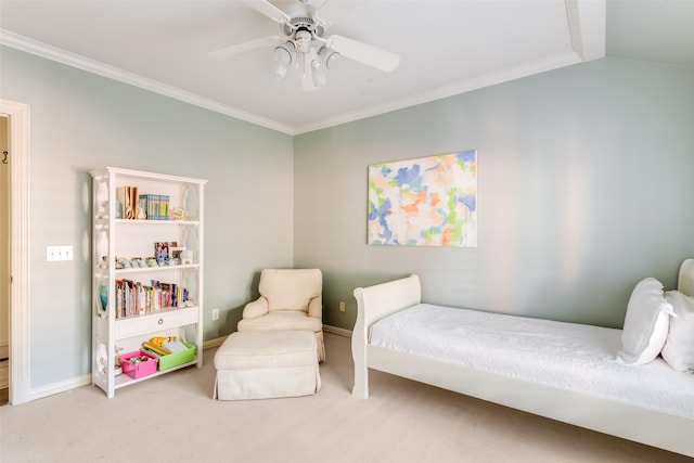 bedroom with ceiling fan, baseboards, vaulted ceiling, ornamental molding, and carpet