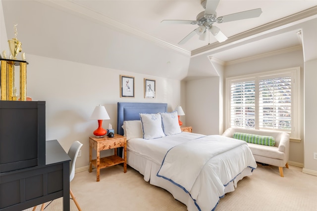 bedroom with light carpet, a ceiling fan, baseboards, and crown molding