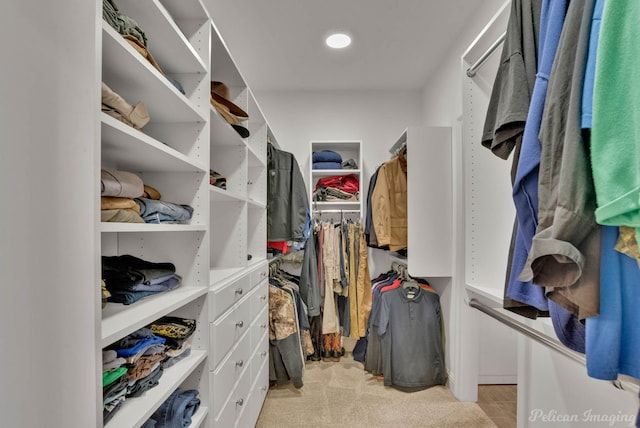 spacious closet featuring light colored carpet