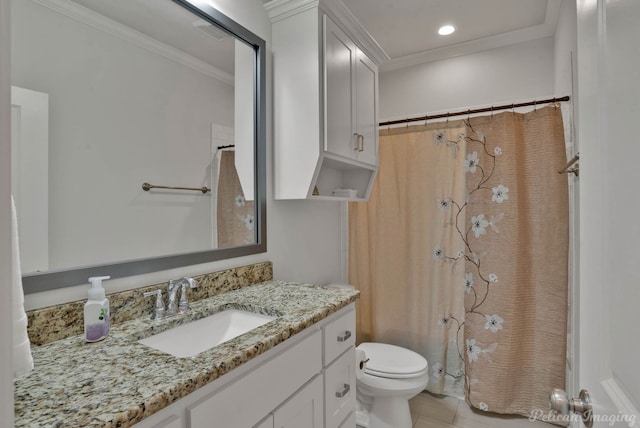 bathroom featuring ornamental molding, vanity, toilet, and recessed lighting