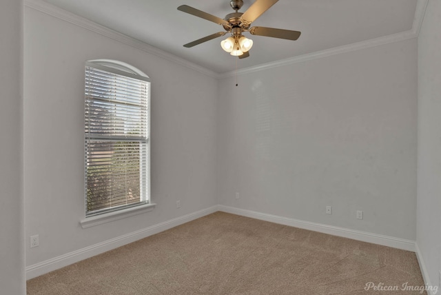 spare room featuring light carpet, baseboards, ornamental molding, and ceiling fan