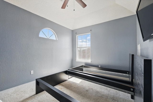 stairs featuring a ceiling fan, a textured wall, vaulted ceiling, a textured ceiling, and carpet floors