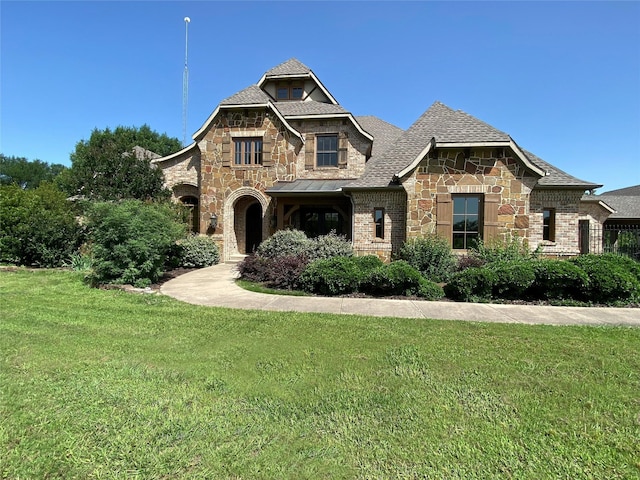 885 Vz County Road 2513, Canton, TX 75103 - french country inspired facade featuring stone siding, a front lawn, and a shingled roof