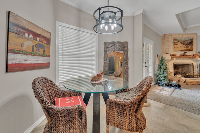 2113 Vz County Road 3710, Edgewood, TX 75117 - living area with a tray ceiling, ceiling fan, light colored carpet, a chandelier, and crown molding