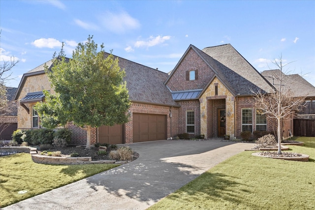 view of front of home with a garage, metal roof, a standing seam roof, a front lawn, and brick siding