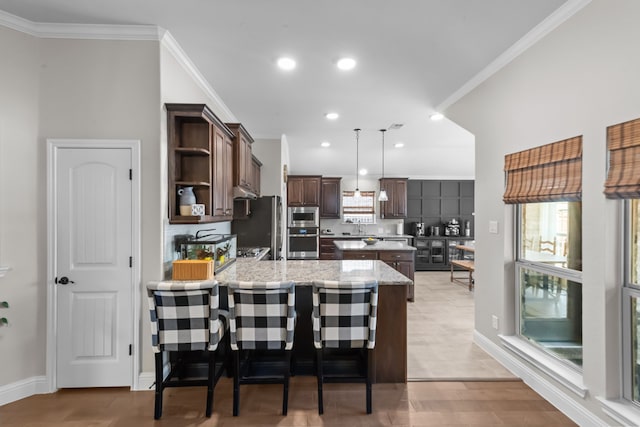 kitchen with stainless steel appliances, a peninsula, ornamental molding, decorative backsplash, and open shelves