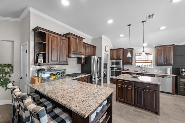 kitchen featuring open shelves, appliances with stainless steel finishes, a sink, and under cabinet range hood