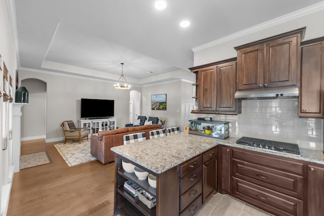 kitchen with arched walkways, open shelves, stainless steel gas stovetop, and under cabinet range hood