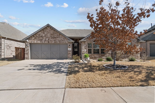 ranch-style home featuring a garage, driveway, roof with shingles, and brick siding