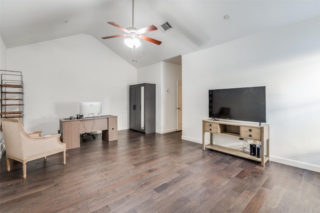 sitting room with baseboards, visible vents, a ceiling fan, wood finished floors, and high vaulted ceiling