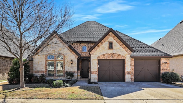 french country home featuring a garage, driveway, a shingled roof, and brick siding