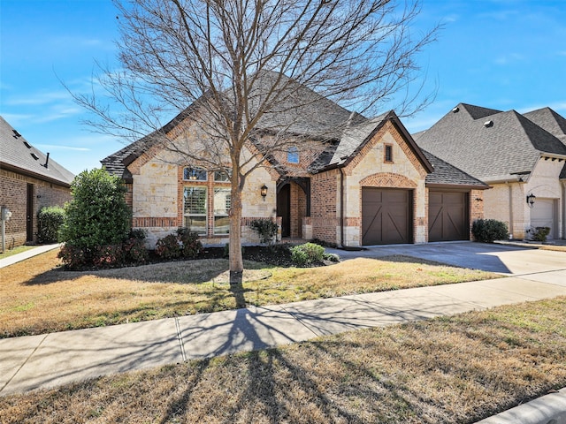 french country style house featuring driveway, stone siding, an attached garage, a front lawn, and brick siding