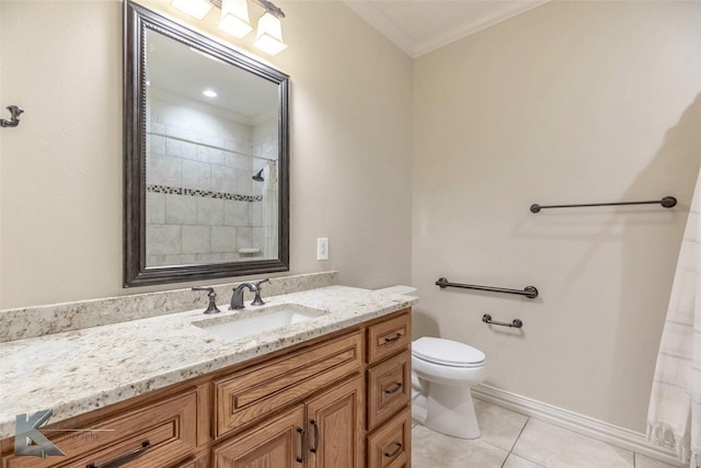 bathroom with vanity, a tile shower, ornamental molding, tile patterned flooring, and toilet