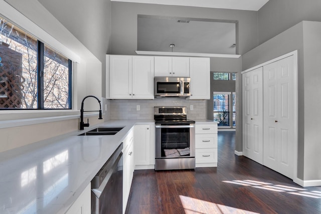 kitchen featuring a sink, white cabinetry, appliances with stainless steel finishes, dark wood-style floors, and tasteful backsplash