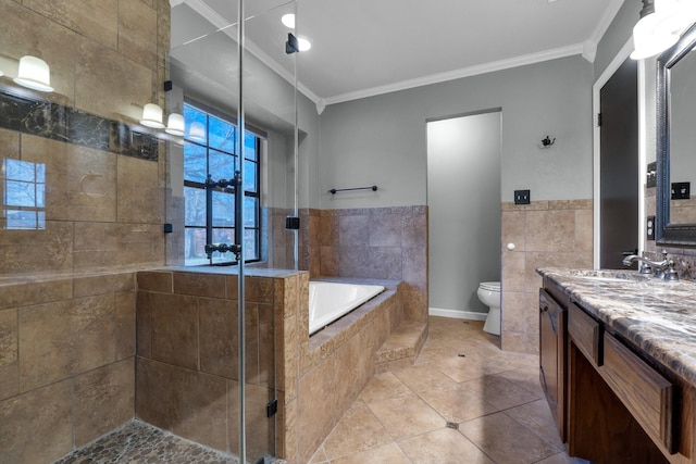 bathroom with ornamental molding, a stall shower, vanity, and toilet