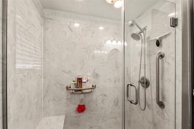 full bathroom featuring ornamental molding and a marble finish shower