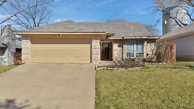 ranch-style home with a garage, brick siding, concrete driveway, roof with shingles, and a front lawn