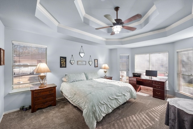 bedroom with a raised ceiling, carpet flooring, and crown molding