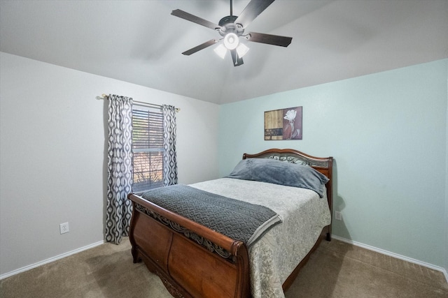 bedroom featuring lofted ceiling, carpet flooring, ceiling fan, and baseboards