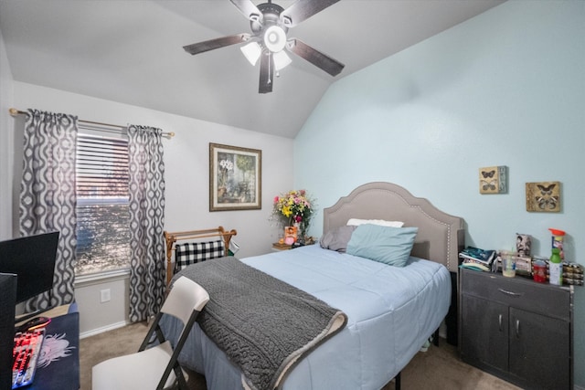 carpeted bedroom featuring lofted ceiling, ceiling fan, and baseboards