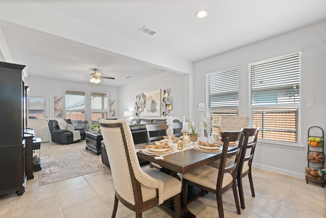 dining space featuring visible vents, baseboards, a ceiling fan, light tile patterned flooring, and recessed lighting