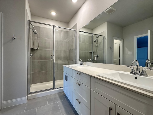 full bathroom with a stall shower, a sink, visible vents, and tile patterned floors