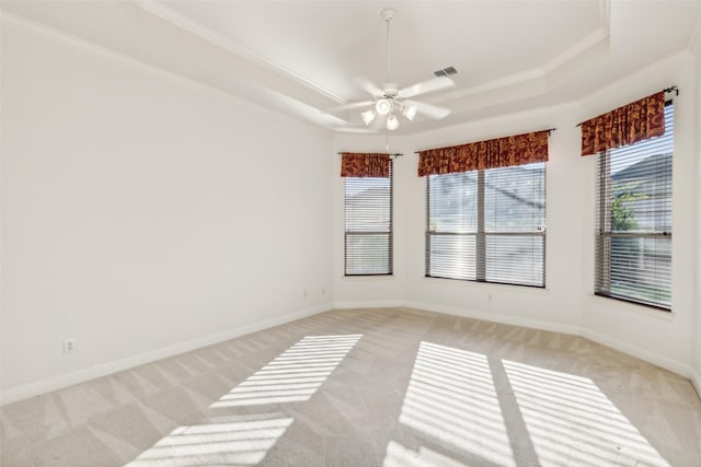 empty room featuring a tray ceiling, light carpet, and baseboards