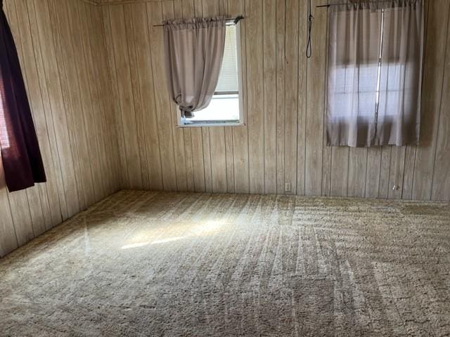 carpeted empty room with wood walls