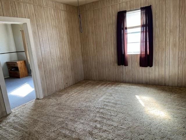 unfurnished room featuring carpet floors and wood walls