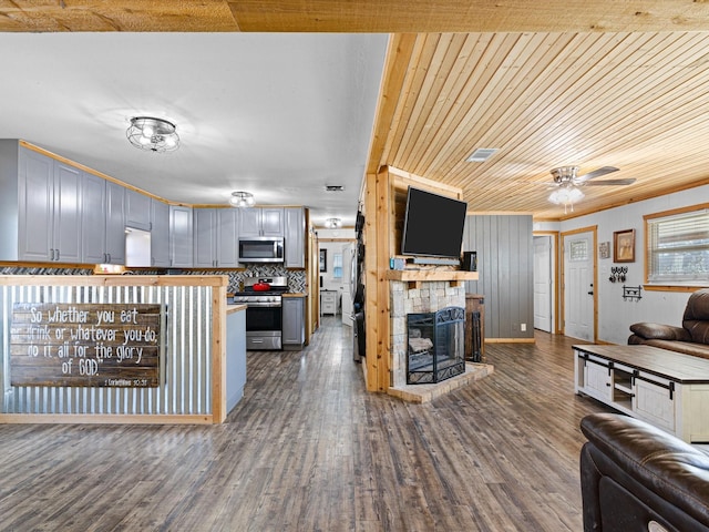 kitchen with a fireplace, dark wood finished floors, stainless steel appliances, decorative backsplash, and open floor plan