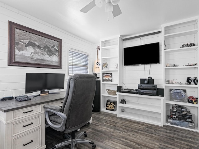 office area with dark wood-style floors, ceiling fan, and wood walls