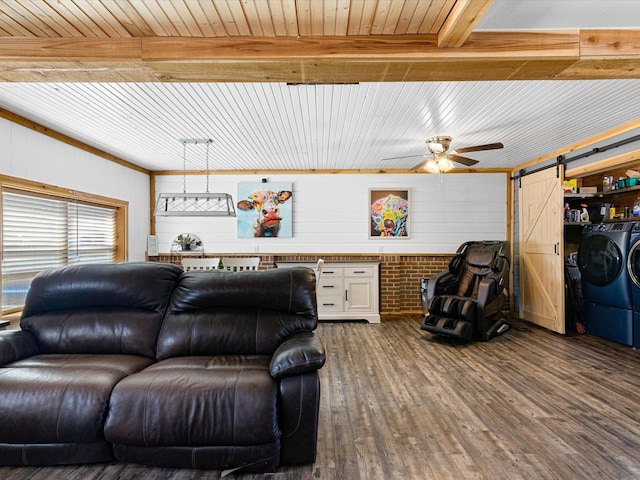 living room with dark wood-style floors, a barn door, a ceiling fan, and independent washer and dryer